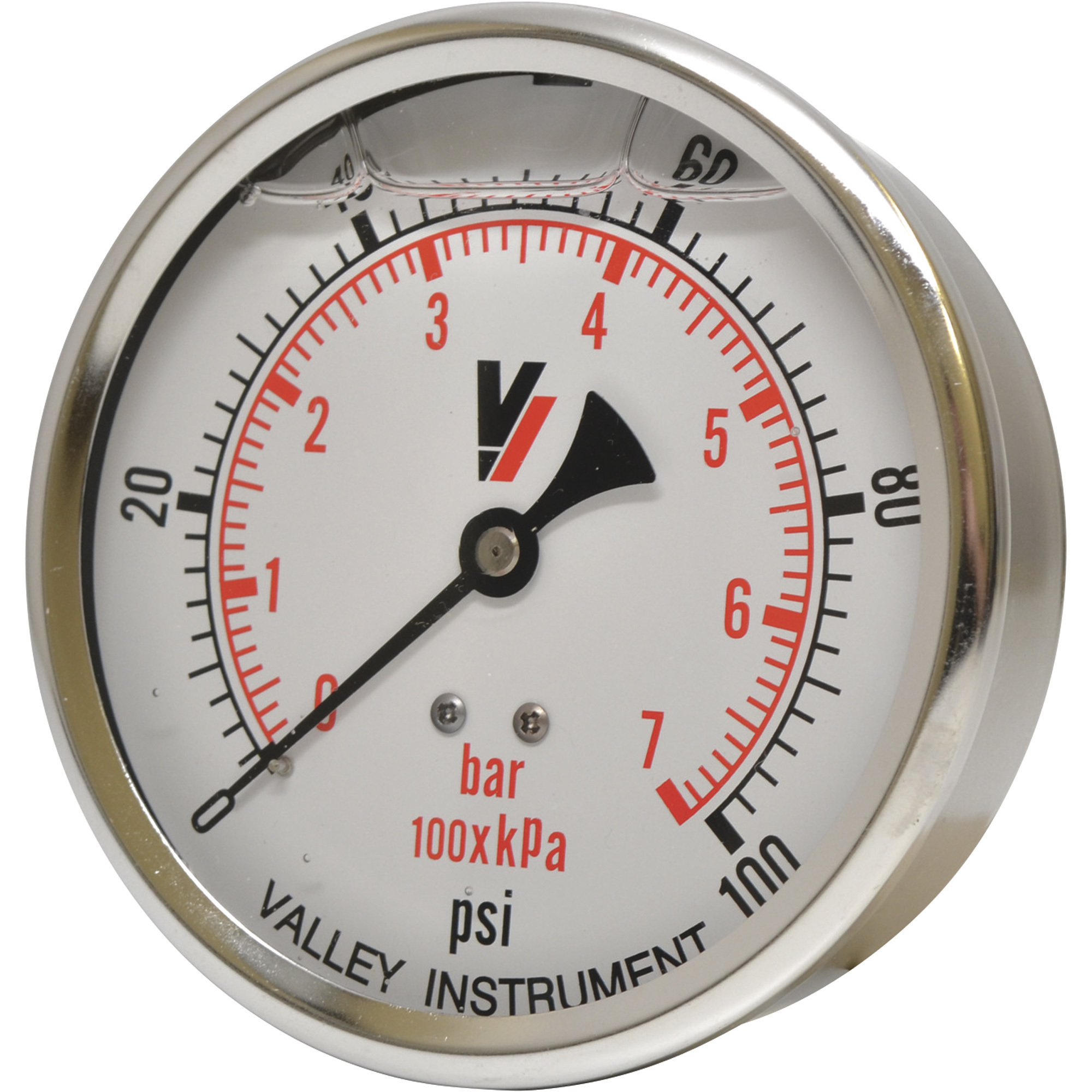 Valley Industries, 4in. Back Mt Gauge 100PSI, Case Material Stainless Steel, Min. Operating Pressure 0 PSI, Max. Operating Pressure 100 PSI, Model# 4240GXB100